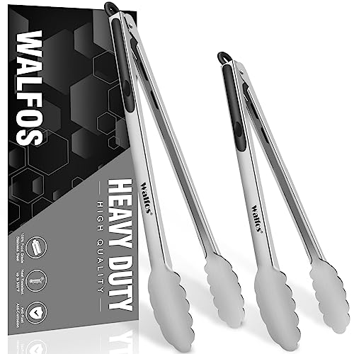 Walfos Extra Long Grill Tongs - Heavy Duty Metal Tongs - 16 & 12 inch Great for Grilling,BBQ/Barbecue,Cooking - Stainless Steel and Non-Slip Heat Resistant Silicone Handle (Set of 2)