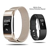 Smasy Replacement Bands Compatible with Fitbit Charge 2, Stainless Steel Metal Bands and Extra Silicone Bands (Champagne + Black, Small)