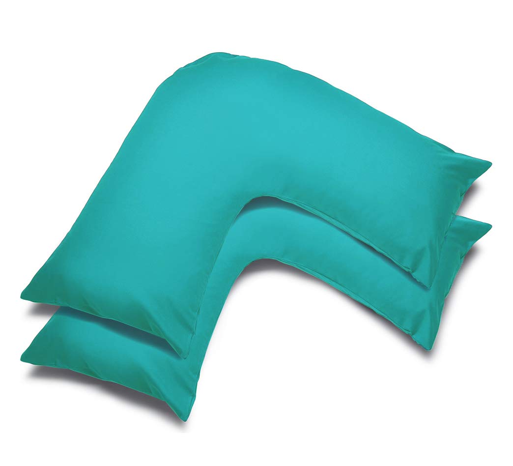 mFabrics Pack of 2 | Poly-Cotton Plain Dyed V Pillow Covers | UK V-Shaped Pillowcase Pair (Teal)