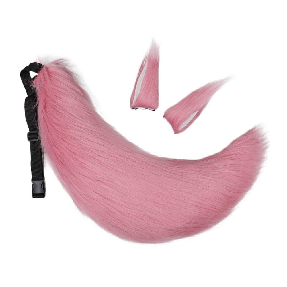 ILUFAM Handmade Fox Wolf Costume Accessories Set Fox Ears Hair Clip Hairpin and Tail Animal Anime Cosplay Halloween Party Fancy Dress (Pink)