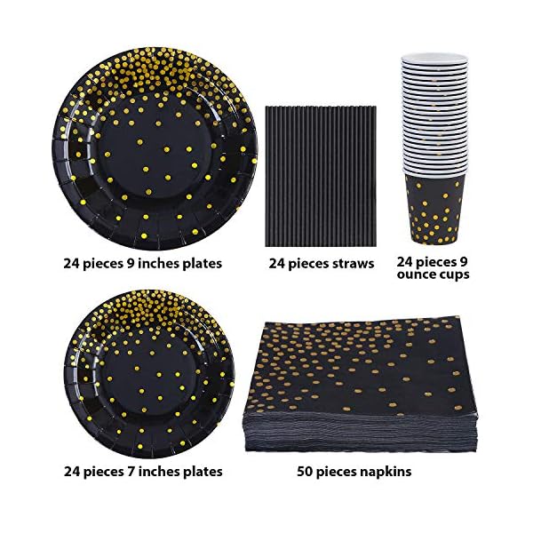 ANECO 146 pieces Black With Gold Foil Party Supplies Disposable Party Tableware Set for Graduation, Party, for 24 Guests