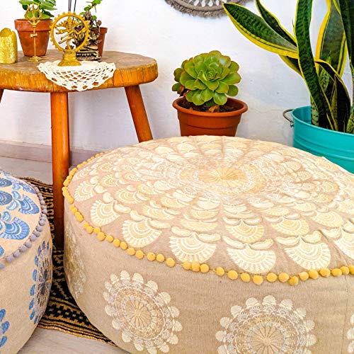 Mandala Life ART Bohemian Yoga Decor Pouf Ottoman - 24x8 inches - Stuffed with Premium Filler - Round Beige Meditation Pillow - Embroidery Organic Cotton Floor Cushion - Thumbnail 7