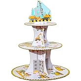 Riseason 3 Tier Excavator 3D Crane Model Cardboard Cupcake Stand Donuts Dessert Tower Cupcake Holder for Dessert Table Displays,Baby Shower,Construction Theme Birthday Party Decoration Supplies