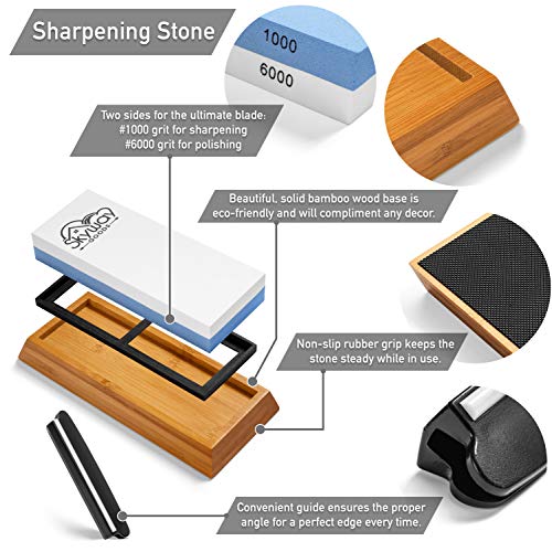 Skyway Goods Sharpening Knife Stone Set. Double Grit Whetstone 1000/6000, Angle Guide and Bamboo Base