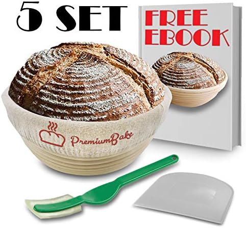 KIT 10 Inch Bread Basket Sourdough Starter - Banneton Proofing Basket, Dough Scraper, Bread Lame, Liner & FREE EBOOK - Bread Proofing Basket for Bread Baking Supplies, Bread Making Tools