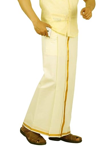 Men's Welcro pocket Single Dhoti with Cream colour & Gold Jari Border