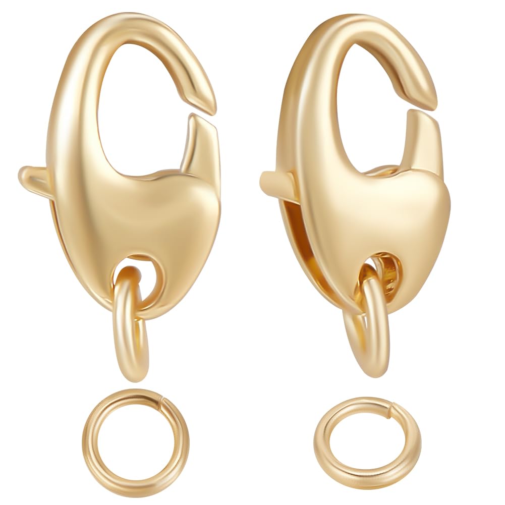 Beebeecraft 1 Box 14Pcs Jewelry Lobster Clasp 18K Gold Plated Oval Key Ring Lobster Claw Clasps Hooks with 30Pcs Stainless Steel Open Jump Ring for Jewellery Making DIY Crafts