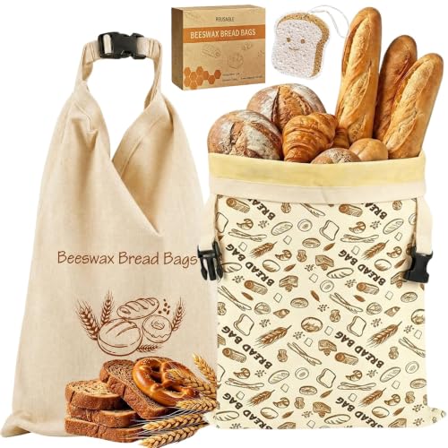 Beeswax Bread Bags, Set of 2, XL, 43 x 33 cm, Reusable Bread Bag for Keeping Fresh, Linen Bread Bag with Removable Beeswax Inliner for Sourdough, Sustainable Bread Storage Including Sponge