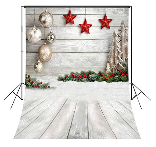 LB 5x7ft Christmas Balls Photography Backdrop Pine Tree Stars Rustic Wooden Floor Photo Background Studio Prop Customized SDX891