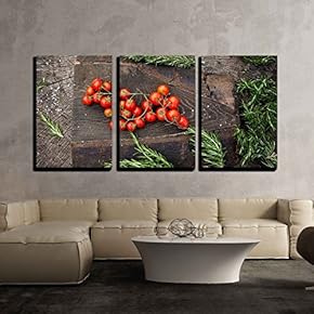 3 Piece Canvas Wall Art - Fresh Vegetables. Cherry Tomatoes with Rosemary on Wood in Vegetable Garden - Modern Home Art Stretched and Framed Ready to Hang - 16"x24"x3 Panels