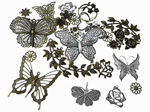 Kinteshun Butterfly Flower Leaf Charm Pendant for DIY Jewelry Making Accessaries(29pcs,Silver&Bronze Tones)