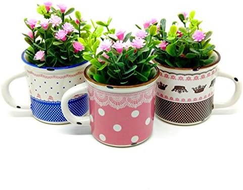 Rustic Mini Ceramic Mug Artificial Flower Planters | Set of Three | Faux Plants for Modern Home Decor