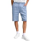 Amazhiyu Men's 100% Linen 10'' Flat Front Shorts Summer Casual with Side Pockets