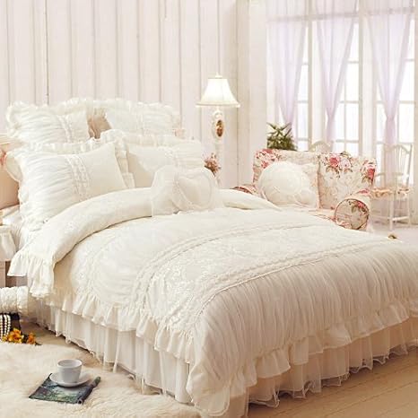 Buy Fadfay Home Textile Beautiful Milk White Ruffle Bedding Set