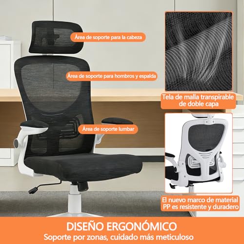 Silla de Oficina con Soporte Lumbar,Silla De Escritorio Ergonómica con Altura Ajustable,con Función de Bloqueo de Inclinación,Silla Ergonomica con Reposacabezas Ajustable,Respaldo Alto,con Ruedas