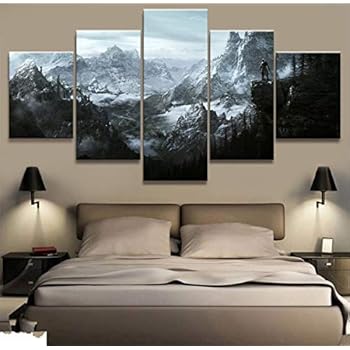 JESC Home Decor Modular Canvas Picture 5 Piece Skyrim Game Painting Poster Wall for Home Canvas Painting