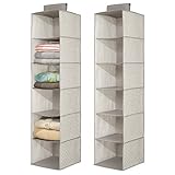 mDesign Long Soft Fabric Over Closet Rod Hanging Storage Organizer with 6 Shelves for Clothes, Leggings, Lingerie, T Shirts - Chevron Zig-Zag Print with Solid Trim - 2 Pack - Taupe/Natural