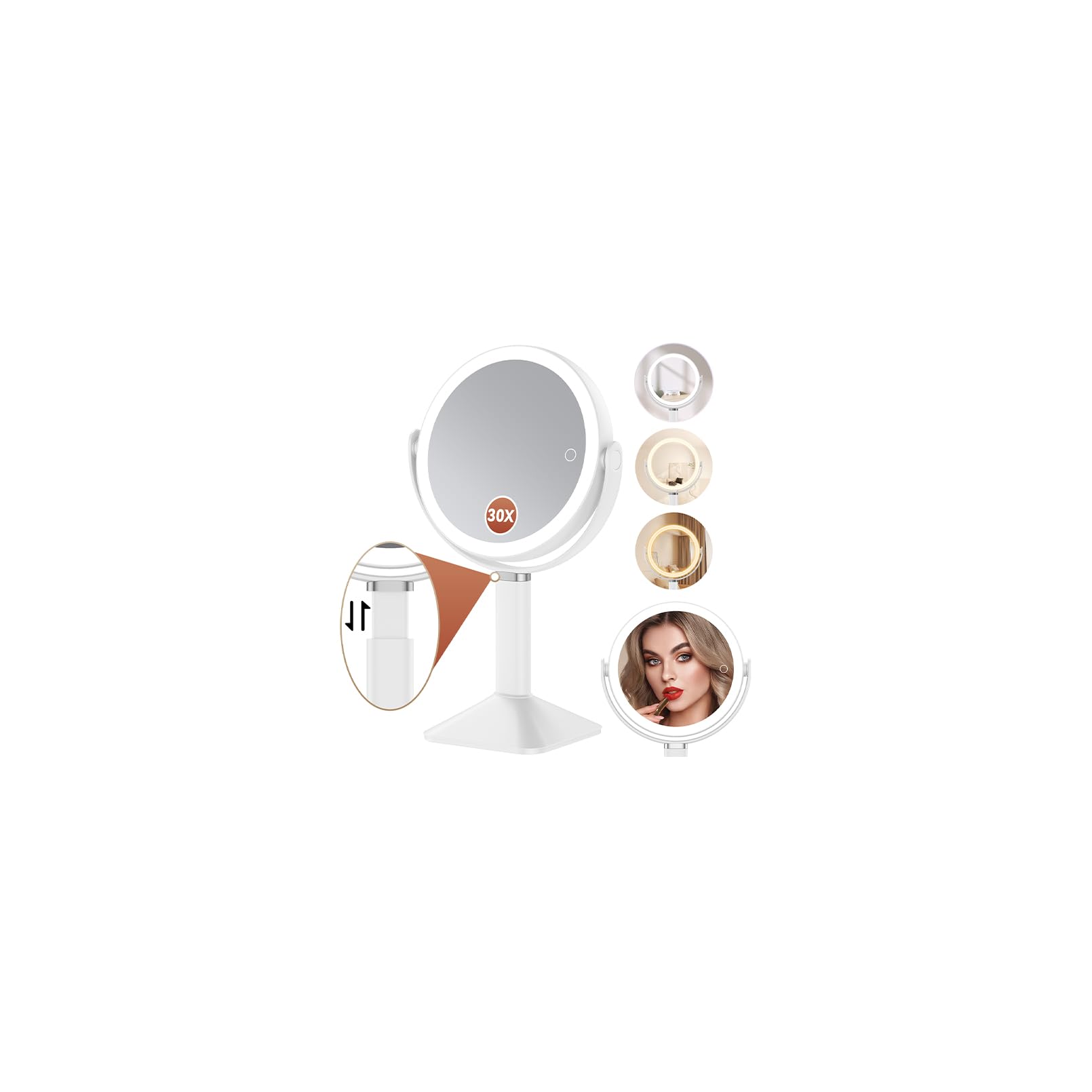 Photo 1 of *** NO POWER CABLE *** Glowtop Lighted Makeup Mirror with Lights, Height Adjustable 30X Magnifying Vanity Mirror with 4000mAh Rechargeable Battery & 3 Colors Dimming Light for Desktop Bathroom Bedroom