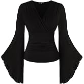 Scarlet Darkness Renaissance Shirt Women V Neck Long Bell Sleeve Wrap Casual Ruched Top