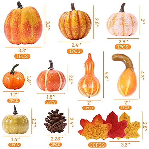 BigOtters Artificial Pumpkins, 10PCS Decorative Pumpkins Fake Pumpkin with Pine Cone and Maple Leaves for Halloween Fall Garland Thanksgiving Table Decorations