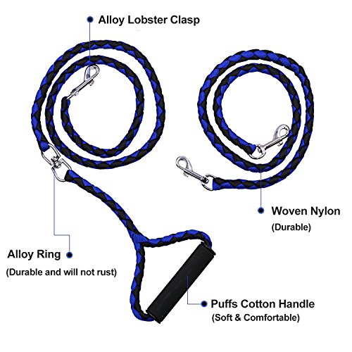 Startostar Detachable Double Dog Leash No-Tangle 2 in 1 Dual Pet Lead with Swivel Padded Handle for One or Two Dogs (Blue)