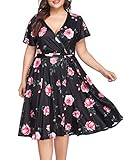 PARTY LADY Women's Plus Size Sexy V Neck Short Sleeve Floral Midi Dress Size 2XL Black