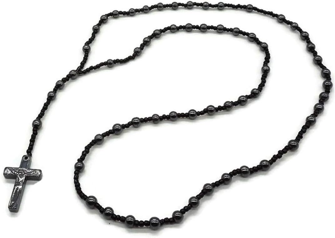 Hematite Rosary Bead Necklace with Hematite Chain and Hematite Cross Crucifix Pendant (Round Bead)