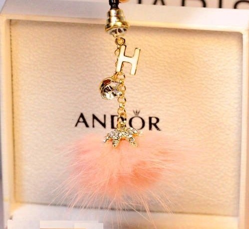 CJB Dust Plug / Earphone Jack Accessory Pink Letter H Crystal Fur for iPhone 4 4s S4 5 All Device with 3.5mm Jack (US Seller)