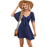 Fancy Uyee Women's Summer Flowy Short Dress Short Sleeve Deep V Neck Knot Front Mini Dresses