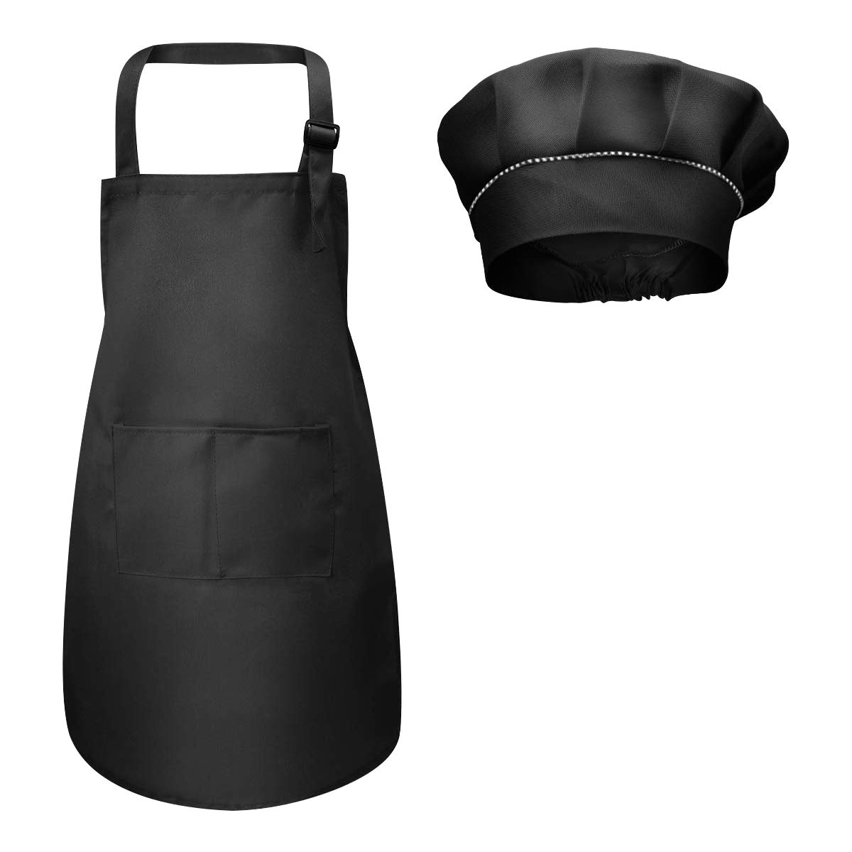 Fodlon Kids Apron and Chef Hat Set, Adjustable Children Kitchen Chef Apron with Pockets for Cooking Baking Painting 4-12 Years Old (Black, Large)