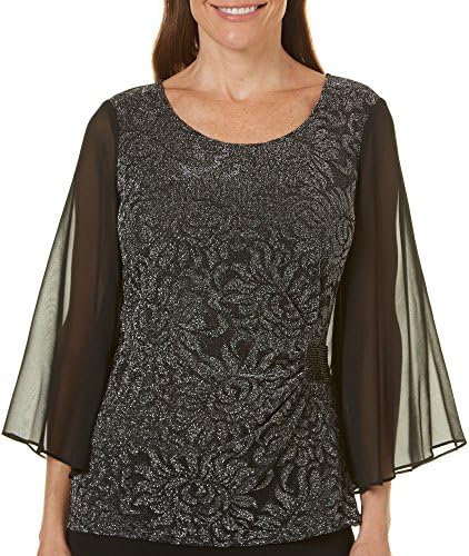 Connected Apparel Shimmer Floral Sheer Sleeve Top Small Silver Tone Grey/Black