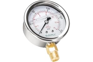 ELECALL 200psi Silicone Oil Filled Pressure Gauge for Water Oil Air Pressure Test in Pool Pump Sand Filter Air Compressor Water System, 2-1/2" Stainless Steel Case, Lower Mount 1/4" NPT