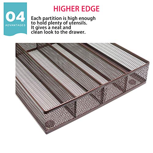 IRSHOME Sturdy Utensil Drawer Organizer, Cutlery Tray, Silverware/Flatware Storage Divider for Kitchen, Mesh Designing with Non-slip Rubber Feet, 5 Compartments, Brown-2 Pack