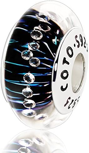 925 Sterling Silver Lining Core Blue Murano Glass Charm with Cubic Zirconia for Charm Bracelet
