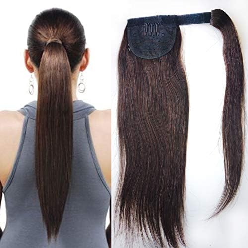 Straight Wrap around Ponytail Extensions Real Hair Extensions Clip in Dark Brown Ponytail Hair Piece for Women Thick Long Hair (12inch-100g, Dark Brown 2#)