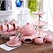 Sumerflos Porcelain Embossed Tea Coffee Cup and Saucer Set, Bone China Tea Set with Saucer and Spoon, Set of 6 (6oz) (Pink)