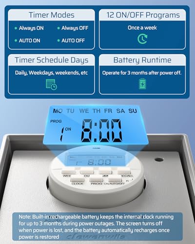 DEWENWILS Pool Pump Timer, Digital Timer Box, 2HP 40A 120-277 VAC, 7-Day 20 ON/Off Programmable Timer Switch for Water Heater, Pool Pump, SPA, Motor, ETL Listed Gray