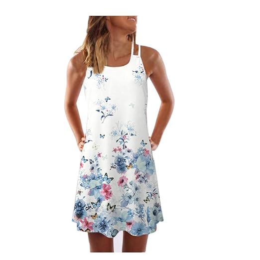 Auifor Vintage Boho Frauen lösen Sommer Ärmel 3D-Blumendruck-Bohe Behälter-Minikleid