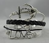BlueTop(TM) Silver Infinity Anchor Love Charms Leather Knit Bracelet White Black