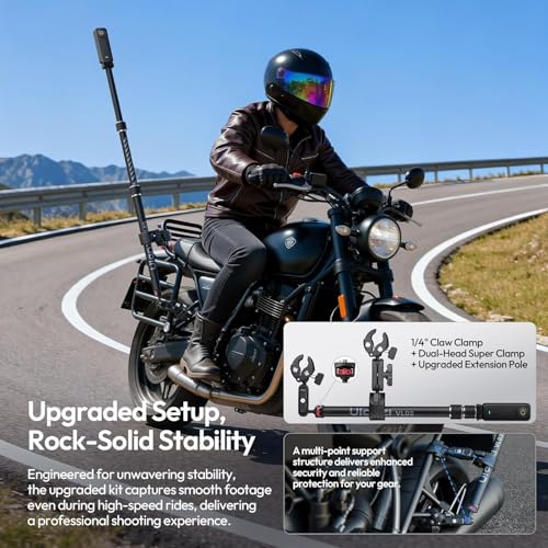 ULANZI Quick-Release Invisible Selfie Stick Motorcycle Bike Mount Kit for Insta360 X5 X4 X3/DJI Osmo 360, VL03 40in Adjustable Extension Pole Clamp Mount for Action Camera