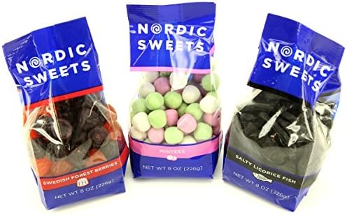 Nordic Sweets 3 Variety Pack: Forest Berries, Mintees, Salty Licorice Fish 8-ounce Bags (Pack of 3)