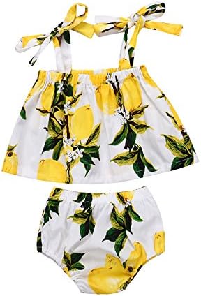 IWOKA 2pcs Set Newborn Baby Girls Clothes Floral Jumpsuit Romper + Shorts Outfits (12-18M, Lemon)