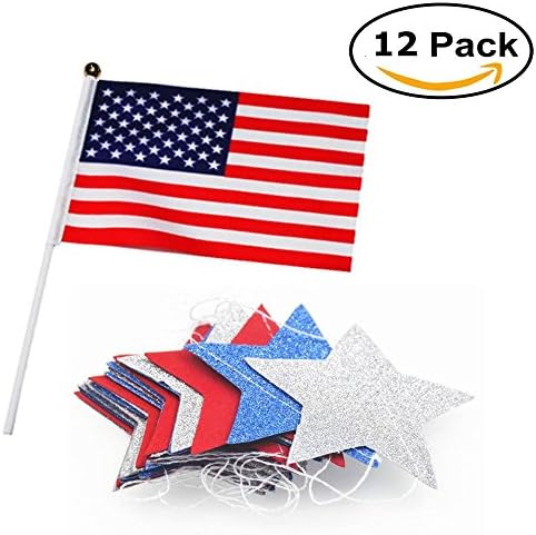 4th of July, HotPar Patriotic Décor Party Set with Red White Blue Glitter Star Paper Garland and USA 5"8" Polyester Flag with White Mini Plastic Stick Round Top Decoration Parades (Stars and Flags)