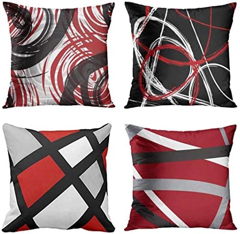 Jbralid Red and Black White Gray Pattern Retro Abstract Stripes Spiral Cotton Linen Indoor Decor Throw Pillow Cover Case Set of 4, 16x16 in