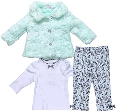Mini Muffin Baby Girls 3-Piece Faux Fur Jacket Pant Shirt Set Floral Mint 3-6 M