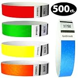 Tyvek Wristbands - Goldistock 500 Count Rainbow Variety Pack - ¾" Arm Bands - 100 Each: Neon Green, Blue, Red, Yellow & Orange Paper-Like Party Armbands - Heavier Tyvek Wrist Bands = Superior Events
