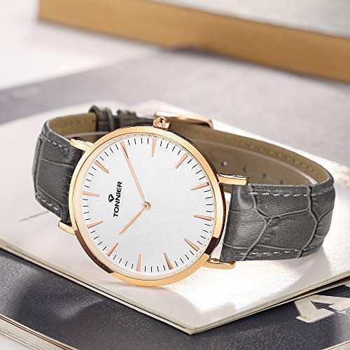 Tonnier Stainless Steel Slim Men Watch Quartz Watch Black Face (Gray)
