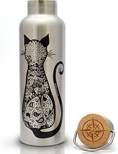 Insulated stainless steel water water bottle bamboo cap BPA free best reusable metal double wall wide mouth thermos with beautiful paisley cat logo art design 26 oz - camping hiking fishing