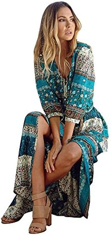 Clearance! ZOMUSA Women Floral Print Half Sleeve Tunic Bohemian Evening Party Dress (M, Green)