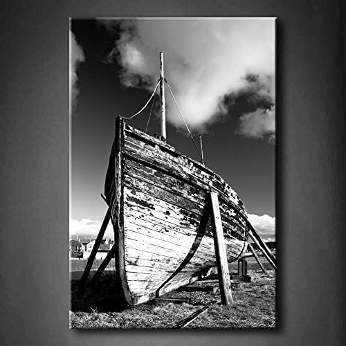 YIDA YUN Black And White Old Wooden Boat Wreck At Harbour Wall Art Painting Pictures Print On Canvas Seascape Picture For Home